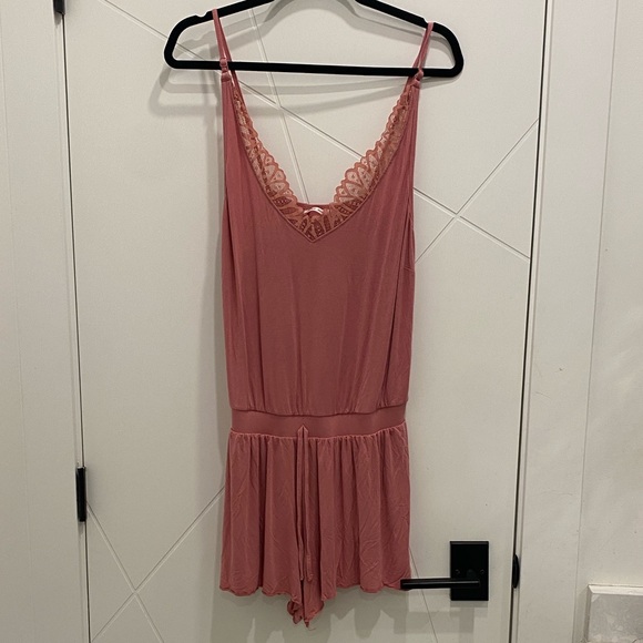 La Vie En Rose Dusty Rose Lace-Trim Romper Coquette Sleepwear Lingerie Set - Picture 4 of 6